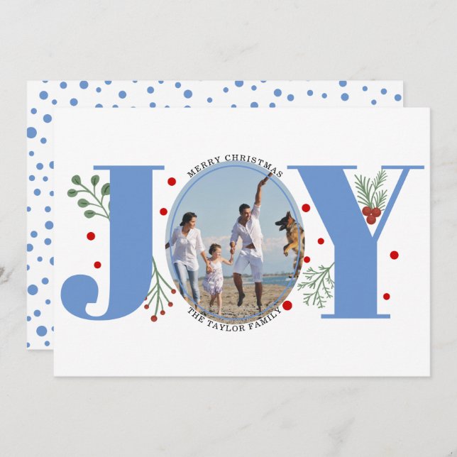 blue Joy with berries Christmas photo Holiday Card (Front/Back)