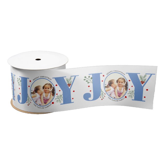 Blue Joy with berries Christmas photo Satin Ribbon (Spool)