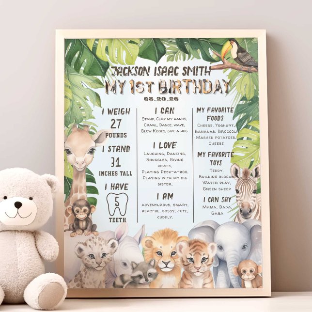 Blue Jungle Animals 1st Birthday Stats Milestone Photo Print (Blue Baby Boy 1st birthday, Safari animals themed birthday stats , milestone poster.)