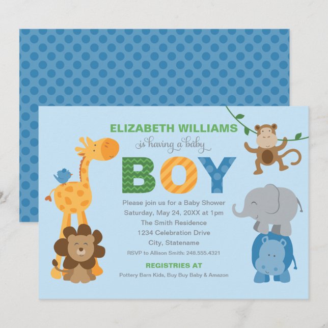 Blue Jungle Animals Baby Boy Shower Invitation (Front/Back)