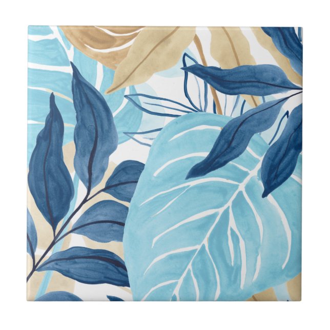 Blue Jungle Leaves Ceramic Tile (Front)