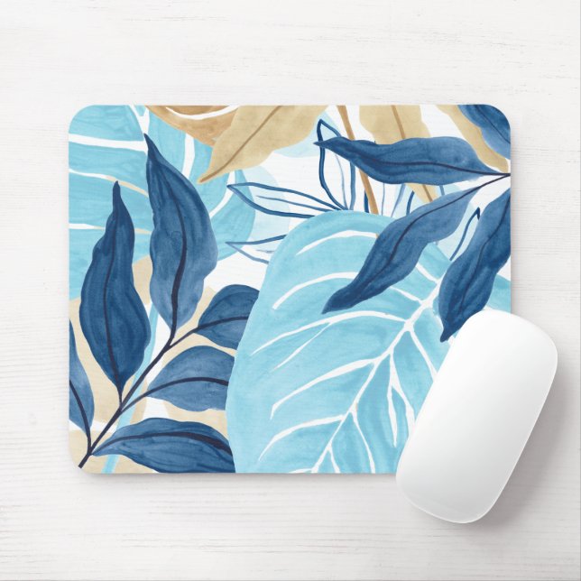 Blue Jungle Leaves Mouse Pad (With Mouse)