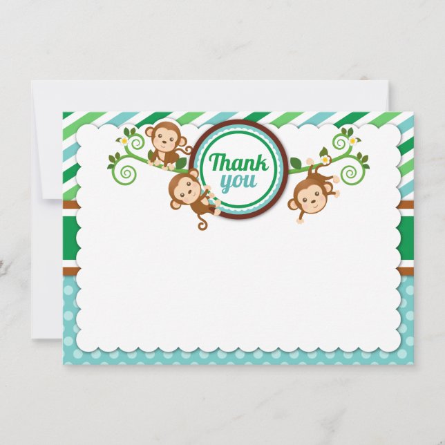 Blue Jungle Monkey Safari Baby Shower Birthday Thank You Card (Front)