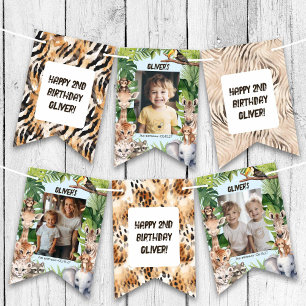 Blue Jungle Safari Animals Pattern Birthday Photo Bunting