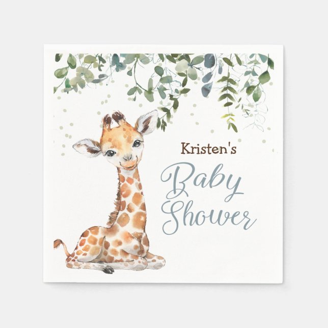 Blue Jungle Safari Giraffe Zoo Baby Shower Napkin (Front)