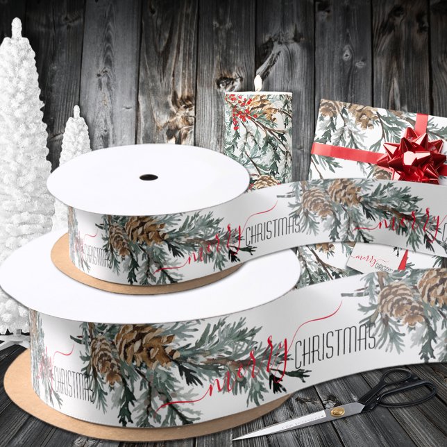 Blue Juniper Branch Boughs Cones Merry Christmas Satin Ribbon (Blue Juniper Branch Boughs Cones Merry Christmas Satin Ribbon In  Two Sizes & Three Lengths)