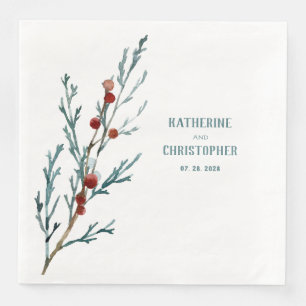 Blue Juniper & Red Berries Sprig  Napkin