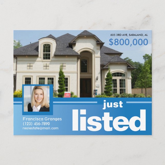 Blue Just listed real estate advert template Postcard (Front)