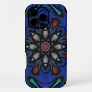 Blue Kaleidoscope Mandala with Red & Grey Accents iPhone 16 Pro Max Case