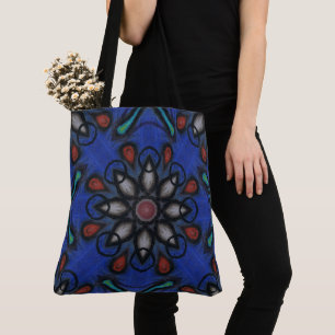 Blue Kaleidoscope Mandala with Red & Grey Accents Tote Bag