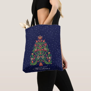 Blue Kalocsa Matyo Folk Christmas Tote Bag
