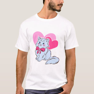 Blue Kawaii Cat With Pink Bow & Hearts T-Shirt