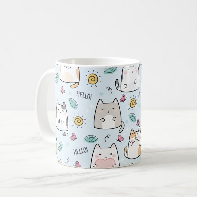Blue Kawaii Cute Cats Hello Pattern Coffee Mug (Front Left)