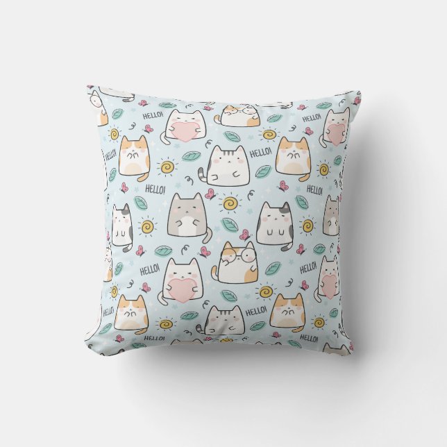 Blue Kawaii Cute Cats Hello Pattern Cushion (Front)