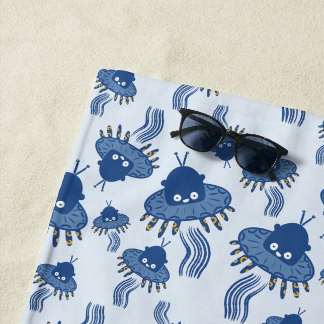 Blue Kawaii Octopus UFO Beach Towel (In Situ)