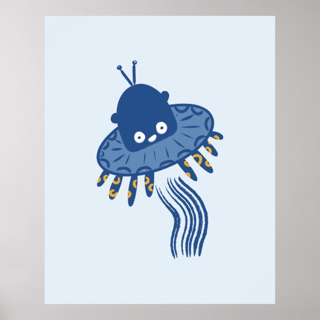 Blue Kawaii Octopus UFO Poster (Front)