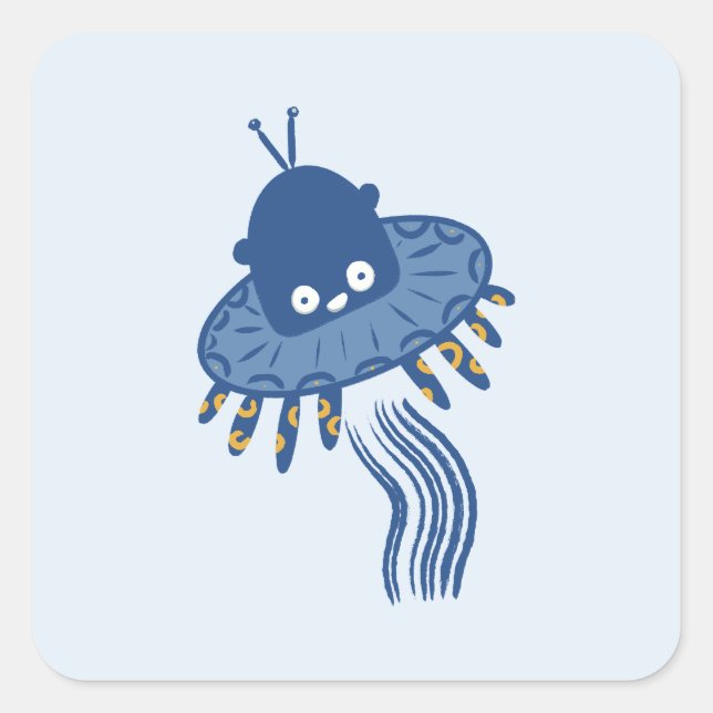 Blue Kawaii Octopus UFO Square Sticker (Front)