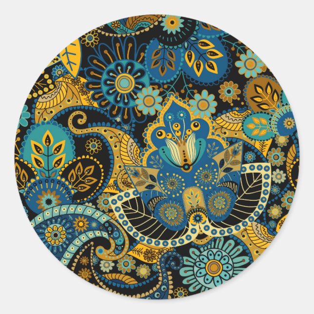 Blue khokhloma classic round sticker (Front)