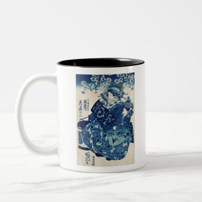 Blue Kimono Woman Japanese ukiyo-e style Two-Tone Coffee Mug (Left)