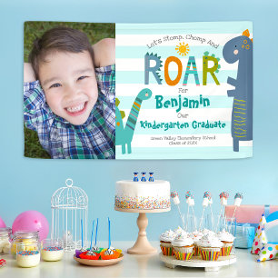 Blue Kindergarten Graduation Photo Dinosaur Boy Banner