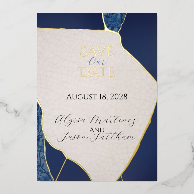 Blue Kintsugi Inspired Foil Save the Date (Front)
