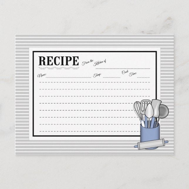 Blue Kitchen Utensil Caddy Rolling Pin Recipe Card (Front)