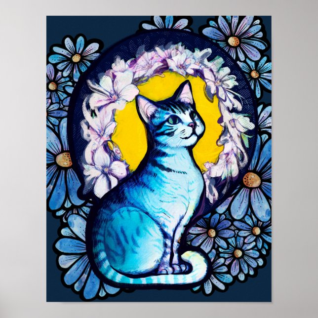 Blue Kitty Cat Halo Mucha Style Floral             Poster (Front)