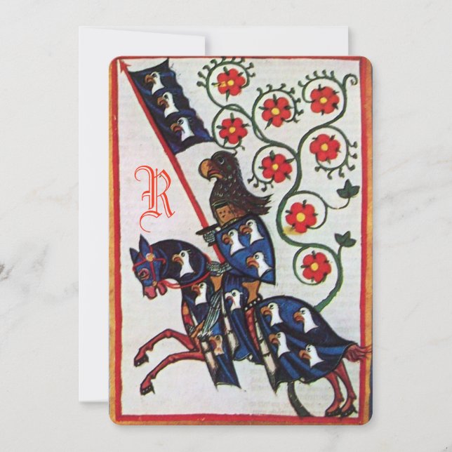 BLUE KNIGHT HORSEBACK MEDIEVAL PARCHMENT Monogram Announcement (Front)