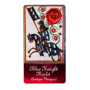 BLUE KNIGHT HORSEBACK WINE LABEL ,RED WAX SEAL
