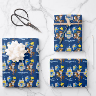 Blue Knight in Shining Armor Kids Birthday Party Wrapping Paper Sheet