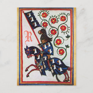 BLUE KNIGHT MEDIEVAL PARCHMENT MONOGRAM POSTCARD