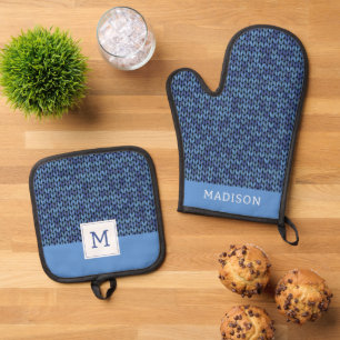 Blue Knit Pattern Oven Mitt & Pot Holder Set