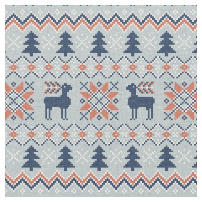 Blue Knited Christmas Sweater Reindeer Pattern  Fabric (Close Up)