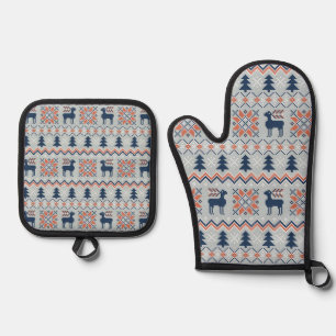 Blue Knited Christmas Sweater Reindeer Pattern  Oven Mitt & Pot Holder Set