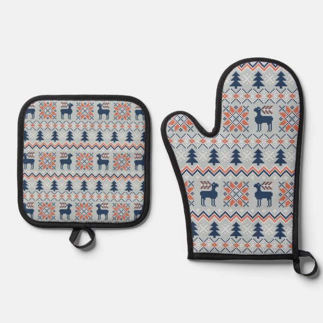 Blue Knited Christmas Sweater Reindeer Pattern  Oven Mitt & Pot Holder Set (Front)