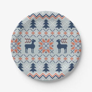 Blue Knited Christmas Sweater Reindeer Pattern  Paper Plate
