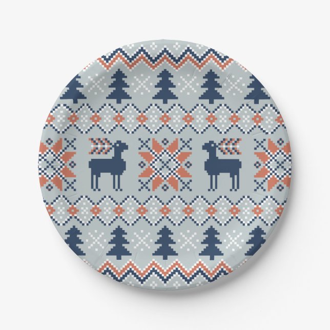 Blue Knited Christmas Sweater Reindeer Pattern  Paper Plate (Front)