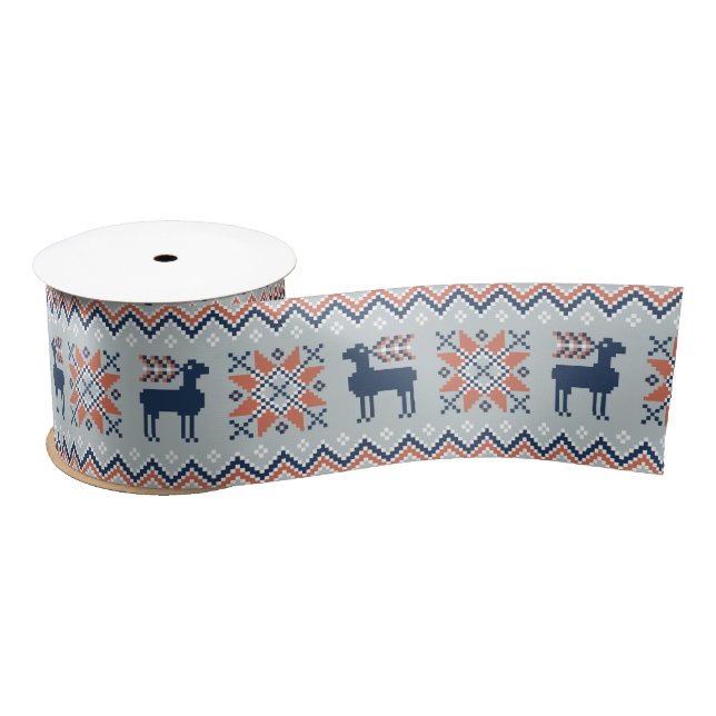 Blue Knited Christmas Sweater Reindeer Pattern  Satin Ribbon (Spool)