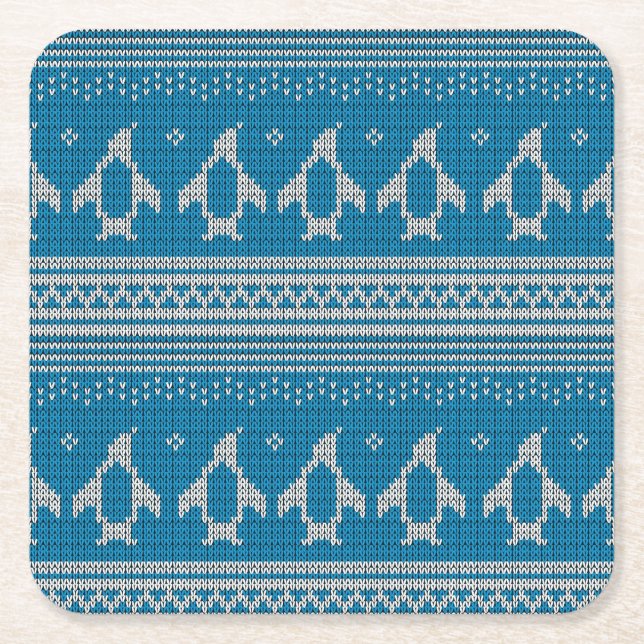 Blue Knitted Background Square Paper Coaster (Front)