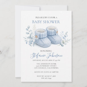 Blue Knitted Booties Boy Baby Shower Invitation