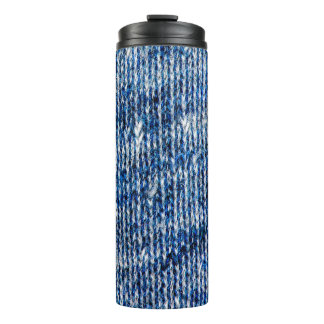 Blue knitting wool texture closeup photo backgroun thermal tumbler
