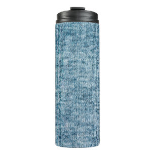 Blue knitting wool texture closeup photo backgroun thermal tumbler
