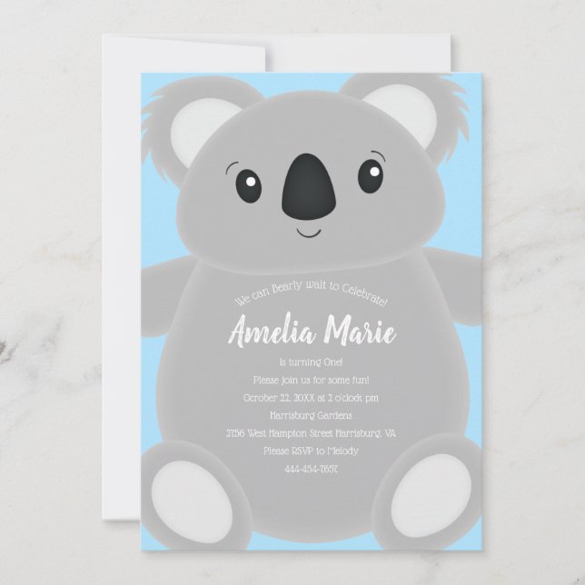 Blue Koala Bear Birthday Party Invitation (Front)