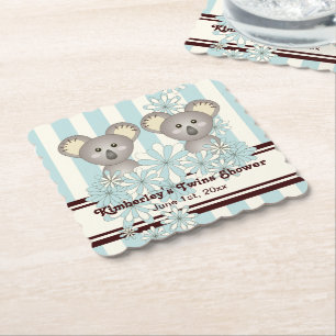 Blue Koala Twin Boy Baby Shower / Kids Birthday Paper Coaster
