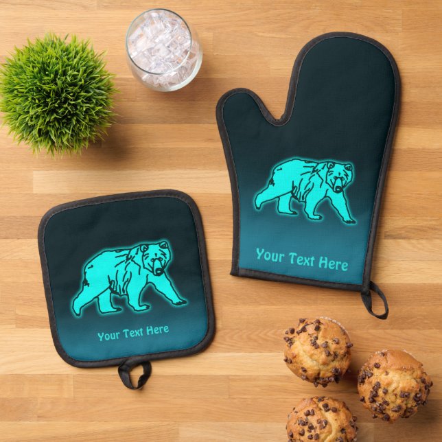 Blue Kodiak Bear Oven Mitt & Pot Holder Set (Top Down)