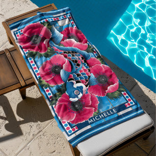 Blue Koi Fish & Pink Flowers Pool Custom Beach Towel
