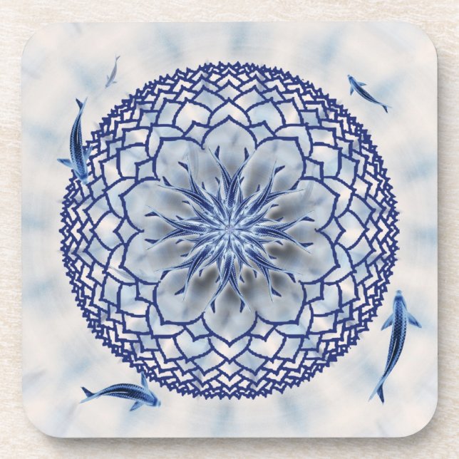 Blue Koi Lotus Mandala Square Cork Coasters (Front)