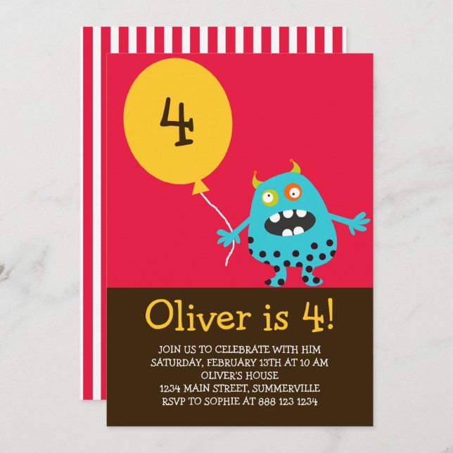 Blue Kooky Monster Kids Birthday Party Invitation (Front/Back)