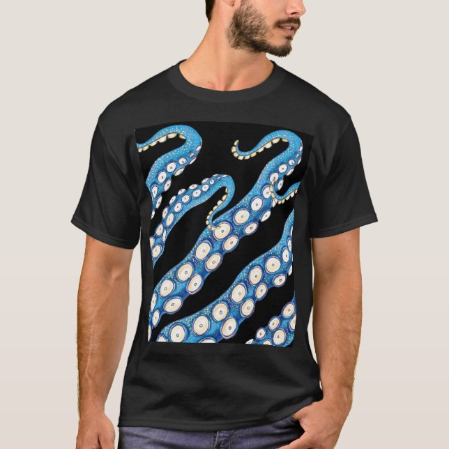 Blue Kraken Octopus Tentacles Art T-Shirt (Front)