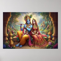 Blue Krishna Art: Radha & Deity Flute, Indian God 